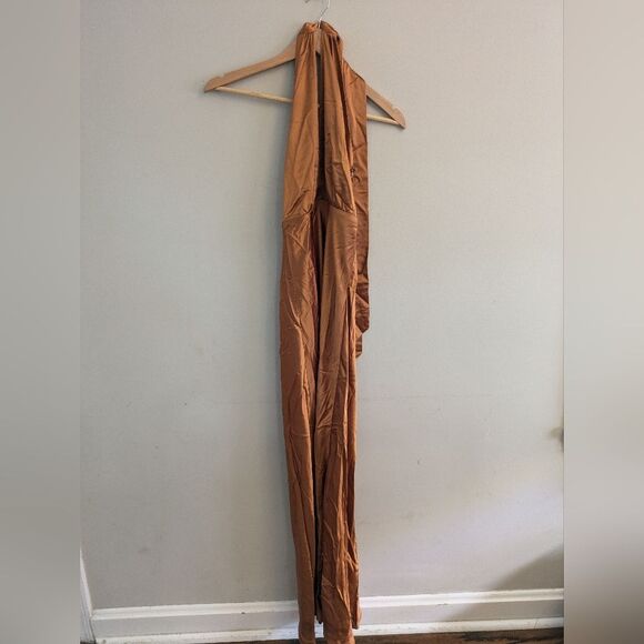 Something Navy Orange Halter Satin Gown Size XS - Picture 5 of 11